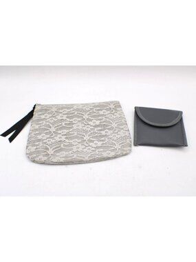 H&M Gray Lace Cosmetic Pouch & Small Faux Leather Set Jewelry Makeup Travel Vtg